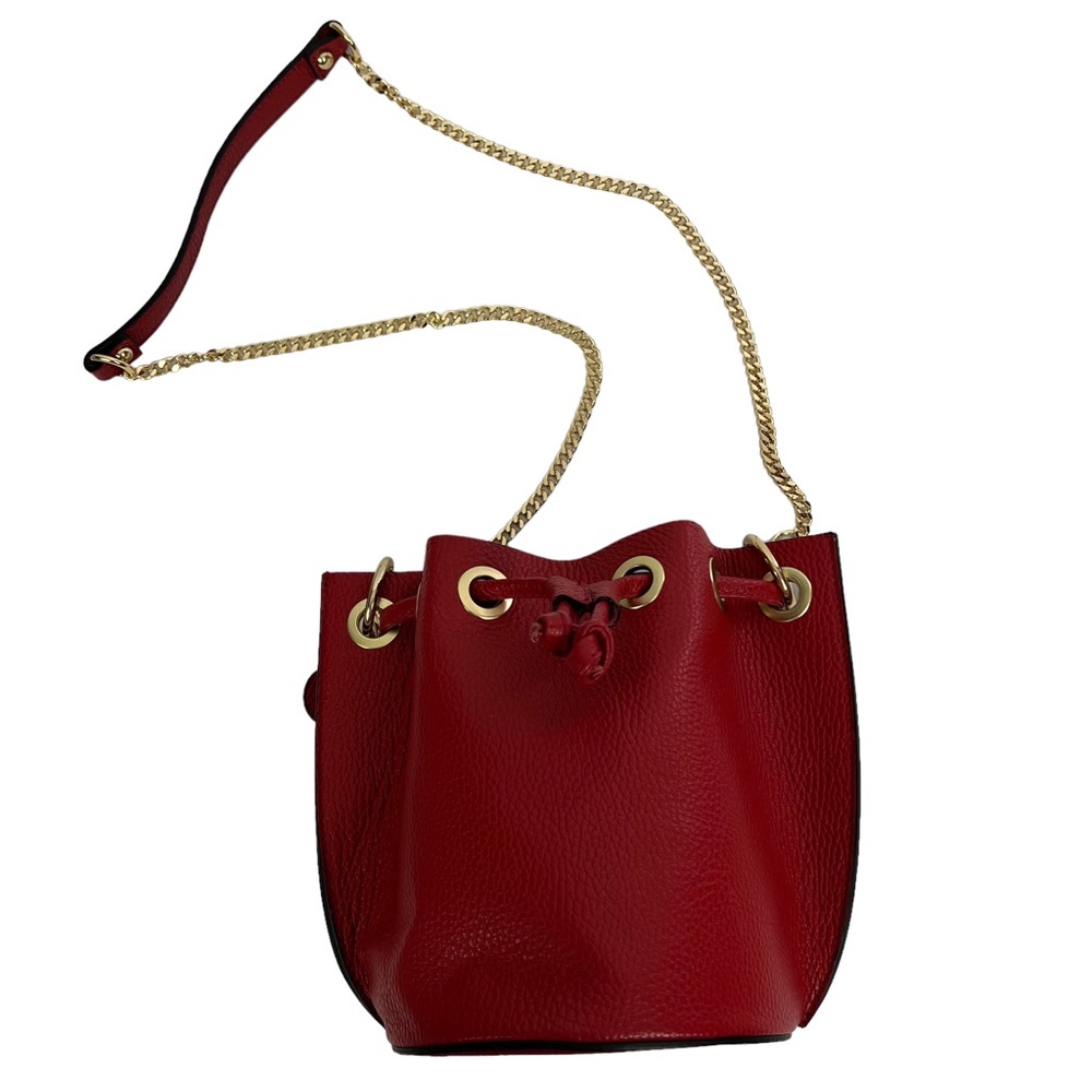 Diva Red Leather Drawstring Bucket Bag with Gold Chain Strap